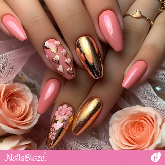 Peach Fuzz and Gold Nails with Hearts Design | Valentine Nails - NB2358